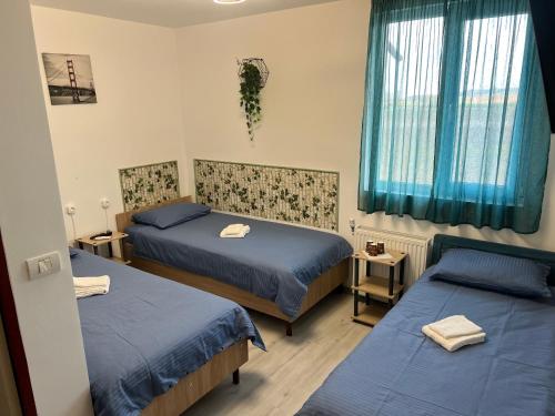 a bedroom with two beds with blue sheets at Sale&Pepe in Faraoaní