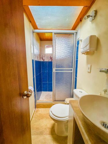 a bathroom with a shower and a toilet and a sink at Alojamiento EL GITANO in Filandia