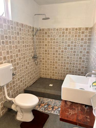 a bathroom with a toilet and a sink at EcoDream Lodge in Hermitage Island