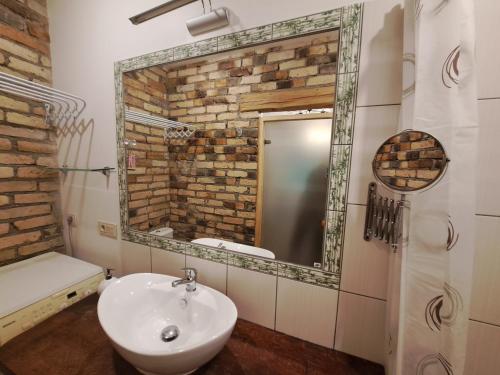 a bathroom with a sink and a mirror at Cozy apartment in Jeruzalė in Vilnius