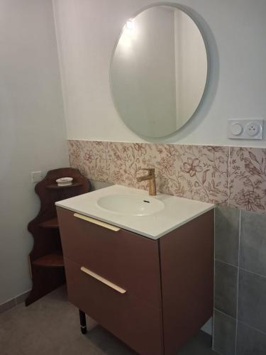 a bathroom with a sink and a mirror at Gîte Le Pic Epeiche in Saint-Roman