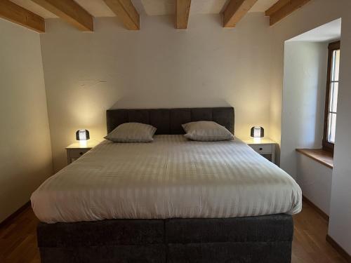 a bedroom with a large bed with two night stands at La Rochetta in Chatel sur Montsalvens