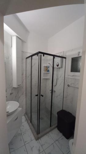 a bathroom with a shower with a toilet and a sink at Oytam apt in Nicosia