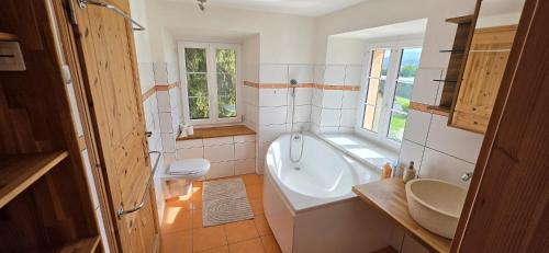a bathroom with a tub and a toilet and a sink at La Rochetta in Chatel sur Montsalvens