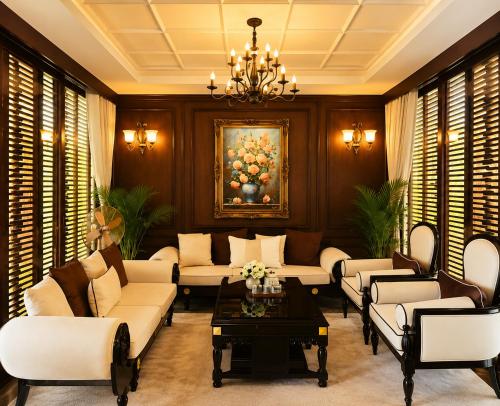 a living room with couches and a chandelier at Happy Life Memories Hoi An Hotel & Spa in Hoi An
