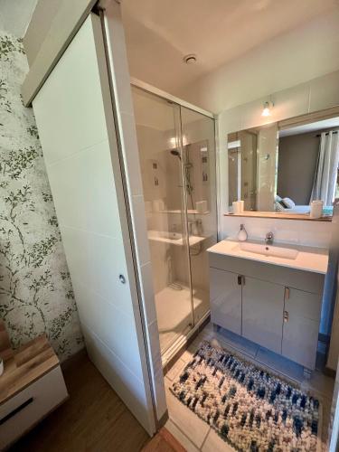 a bathroom with a shower and a sink at L'Escale d'Armorique 1 in Languidic
