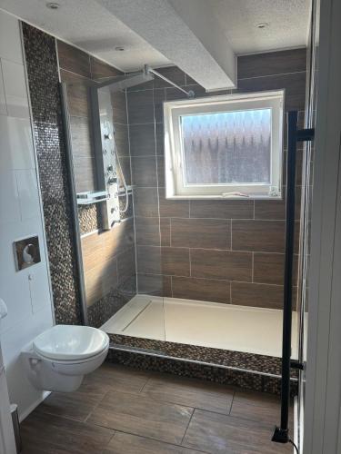 a bathroom with a shower with a toilet and a window at Augustenhof Ferien in Nordborg
