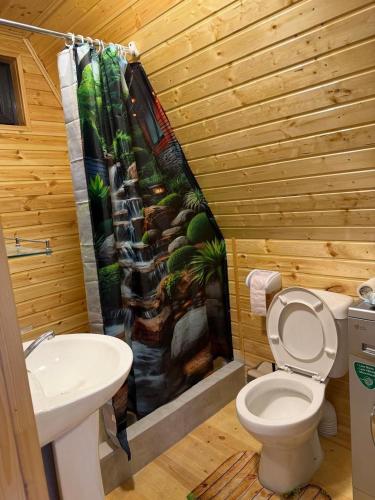 a bathroom with a toilet and a shower curtain at Lake Cottages in Grigoleti