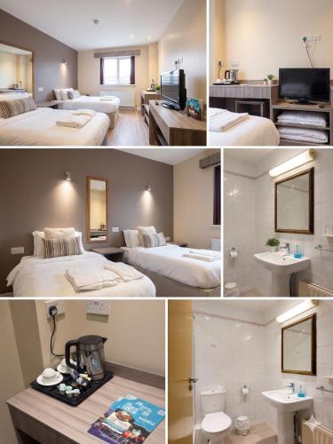 three pictures of a hotel room with two beds and a sink at Blaby Westfield Hotel in Blaby