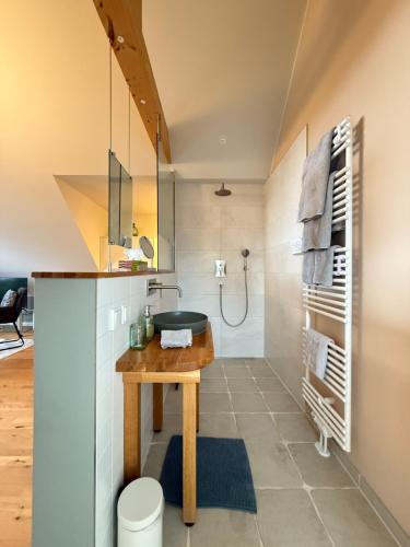 a bathroom with a sink and a shower at Huus Bellevue in Gleisweiler