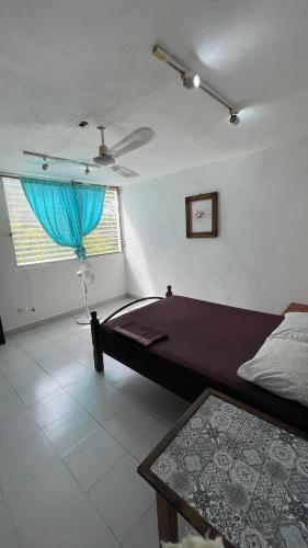 ein Schlafzimmer mit einem Bett und einem blauen Vorhang in der Unterkunft Mi Refugio Dive House in Cozumel
