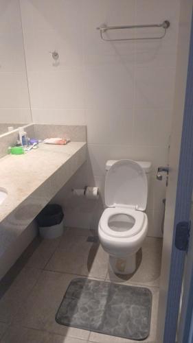 a bathroom with a white toilet and a sink at Flat Encantador in Três Rios