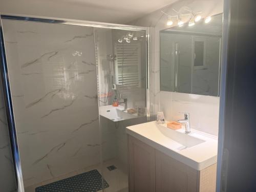 a bathroom with a shower and a sink and a showerspective at Piraeus new hotel in Piraeus