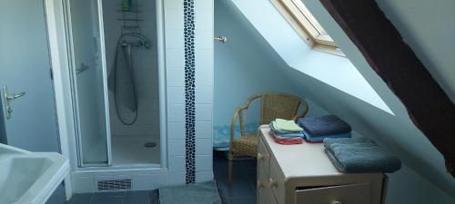 a bathroom with a shower and a table with towels at Gîtes Pour Tous in Dragey
