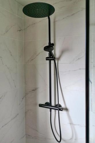 a shower with a shower head in a bathroom at Calme entre pins et océan in Onesse-et-Laharie
