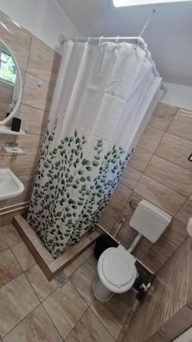 a bathroom with a shower curtain and a toilet at Casa AVA 2 Mai in 2 Mai