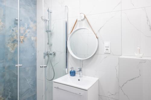 a bathroom with a mirror and a sink and a shower at Nadmorski Bursztyn - Błękitna in Rowy