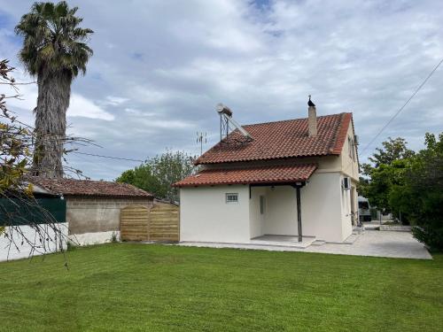 a white house with a palm tree in a yard at Eleni village House in Kamena Vourla