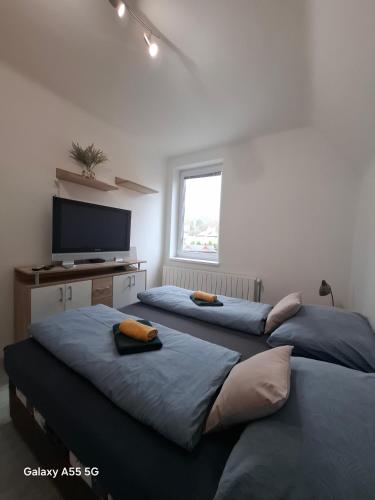 two beds in a room with a tv and a television at Lomnica Lodge in Vysoké Tatry