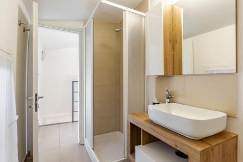 a bathroom with a white sink and a shower at Dimora Sant Anna in Piacenza