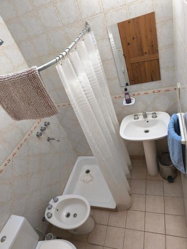 a bathroom with a toilet a sink and a shower at Alojamiento Tía Silvia in San José