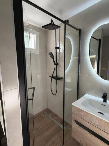a bathroom with a shower and a sink at Apartman Tomislav in Slavonski Brod