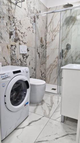 a washing machine in a bathroom with a shower at Casa Jenny sul mare in Scalea