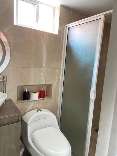 a bathroom with a white toilet and a shower at Dalejadrohouse in Baños