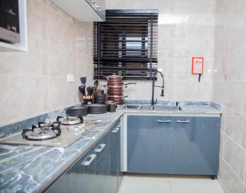 a kitchen with a stove and a sink at Radores Apartment in Ayobo