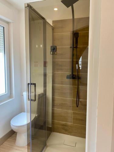 a shower in a bathroom with a toilet at Jasmin in Saint-Aignan