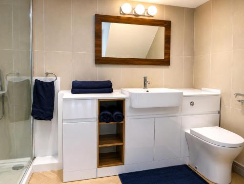 a bathroom with a sink and a toilet and a mirror at Holiday Cottage Falmouth in Penryn
