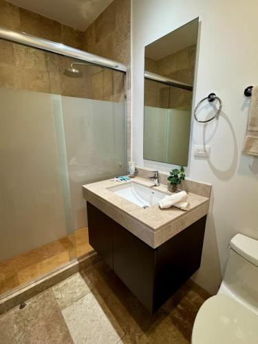 ein Badezimmer mit Waschbecken, Dusche und Toilette in der Unterkunft Telchac Ocean Suite in Xtampú