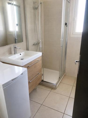 a white bathroom with a shower and a sink at maison moderne en face de la mer in Arès