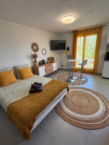 a bedroom with a large bed with a large rug at Studio tout équipé centre Erbalunga in Brando