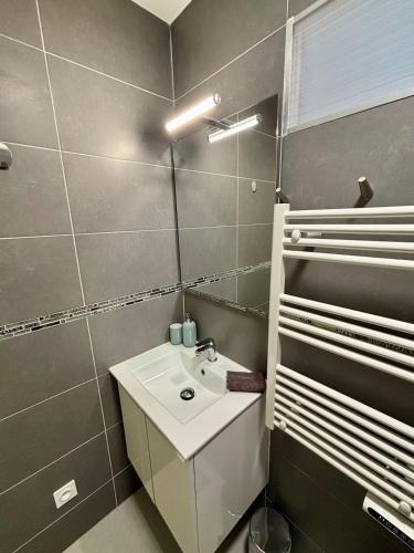a bathroom with a white sink and a mirror at Studio tout équipé centre Erbalunga in Brando