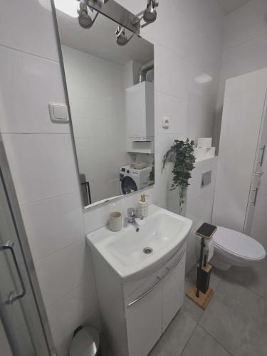 a white bathroom with a sink and a mirror at Apartament Anny 1 in Grodzisk Mazowiecki