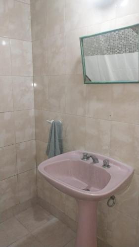 a bathroom with a pink sink and a mirror at Hospedaje "Doña Tomasa" -A 15 minutos del aeropuerto -Parking in Ezeiza
