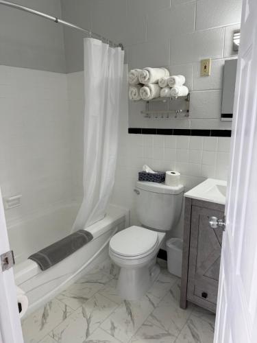 a bathroom with a toilet and a tub and a sink at Cape View Motel & Cottages in Mavillette
