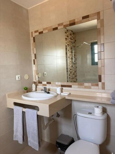 a bathroom with a sink and a toilet and a mirror at Santa Úrsula 66 in Costa Calma