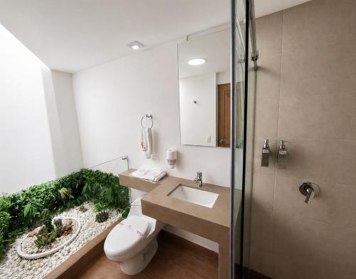 a bathroom with a toilet and a sink and a shower at Hotel Aikos in Yumbo
