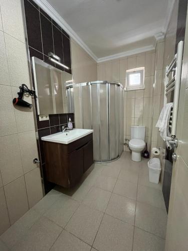 a bathroom with a shower and a sink and a toilet at Lale Residence in Trabzon