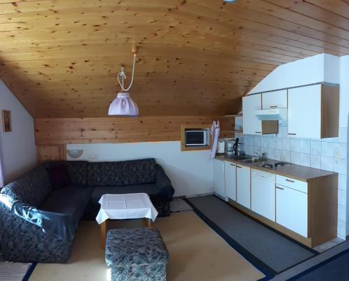 ein Wohnzimmer mit einem Sofa und einer Küche in der Unterkunft Apartmenthaus Immler in Gaschurn