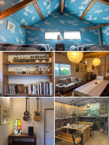 a room with a blue ceiling and a living room at Spr Guesthouse in Shirahama