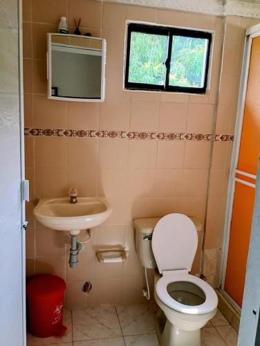 a bathroom with a toilet and a sink at Cabaña Villa Gabi in San Antero