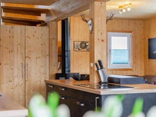 a kitchen with wooden walls and a counter top at Lachende Eule in Hohentauern