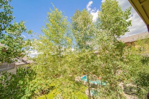 a tree with green leaves in front of a building at Expedition Station 8622 by SummitCove Lodging in Colorado in Keystone