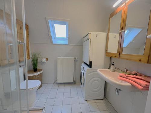 a white bathroom with a sink and a washing machine at Park De Markol Tureluur 13 in Lemmer