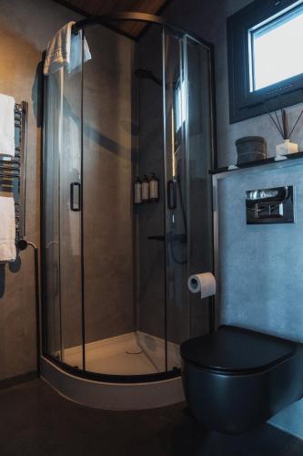 a bathroom with a shower with a black toilet at Tiny Glass lodge in Selfoss
