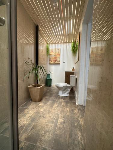 a bathroom with a toilet and a potted plant at Casa full in Santiago