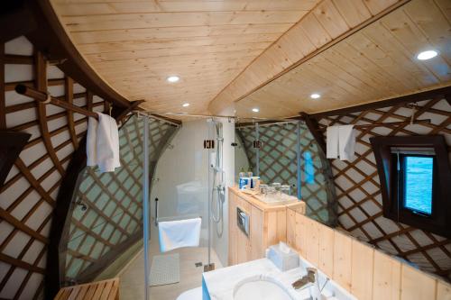 a bathroom with a shower and a sink in a room at Red Rock Resort Mongolia in Yoliin Hural